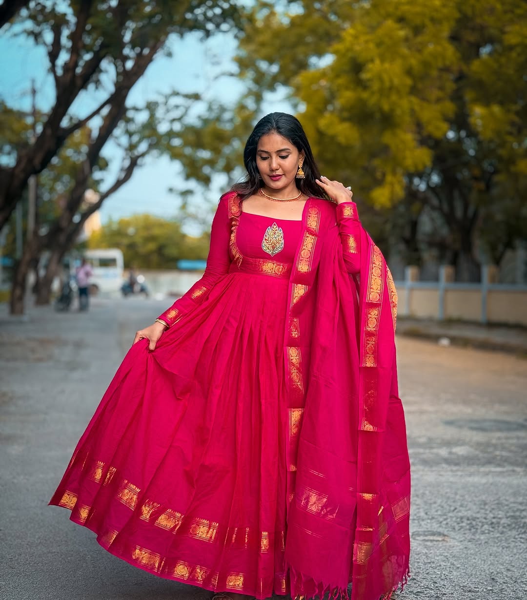 Elegant Chettinad Cotton Long Gown With Dupatta